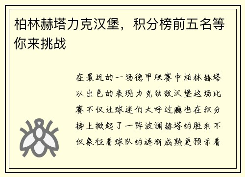 柏林赫塔力克汉堡，积分榜前五名等你来挑战